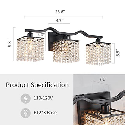 WUZUPS 3-Light Bathroom Light Fixture Morden Vanity Wall Sconces Light Clear Crystal Drop for Bedroom Living Room, E12 Base, Black - color: Black