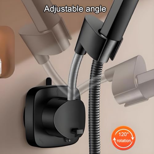 Suction Cup Shower Head Holder - Angle Adjustable Spring Arm, Flexible Wall Mount Shower Hose Holder, Removable Hand Held Shower Bracket with Vacuum Lock & Bonus Hook for Bathroom, Kitchen - color: Black