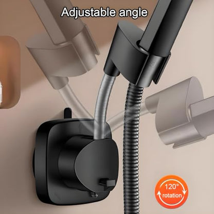 Suction Cup Shower Head Holder - Angle Adjustable Spring Arm, Flexible Wall Mount Shower Hose Holder, Removable Hand Held Shower Bracket with Vacuum Lock & Bonus Hook for Bathroom, Kitchen - color: Black