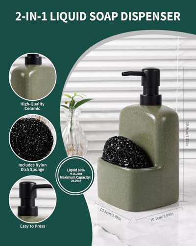 BosilunLife Dish Soap Dispenser - Matte Green Ceramic Kitchen Soap Dispenser with Sponge Holder Matte Ceramic Soap Daddy Dispenser 20oz for Kitchen Soap Pump and Sponges Caddy - color: Matte Green