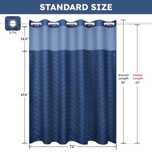 FADOTY Blue No Hook Shower Curtain Set with Snap in Liner, 71'' x 86'' | Bathroom Hotel Fabric Curtain, Waterproof Washable Liner, See Through Top Window, Ringless Chevron Tufted Cloth Curtain - color: Blue, size: 71"W x 86"L (Pack of 1)