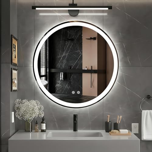 DUMOS 30 Inch Round LED Bathroom Mirror with Lights, Circle Vanity Mirror | Anti-Fog, Dimmable, 3-Color Light, Front Light and Backlit, Memory Function, Tempered Glass - color: White-round, size: 30"L x 30"W
