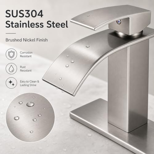 VOTON Waterfall Bathroom Faucet, Brushed Nickel 1-Hole with Deck & Drain | | SUS304 Stainless Steel | Rust-Resistant | Waterfall Flow - color: Brushed Nickel, size: Short