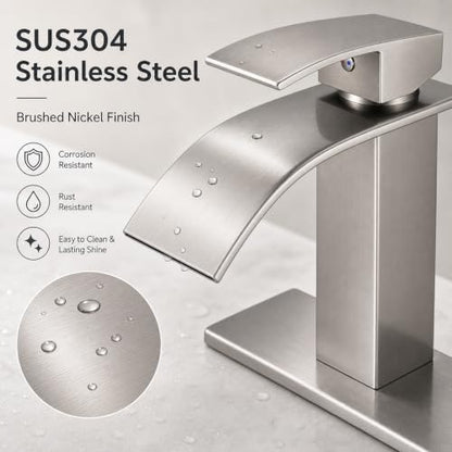 VOTON Waterfall Bathroom Faucet, Brushed Nickel 1-Hole with Deck & Drain | | SUS304 Stainless Steel | Rust-Resistant | Waterfall Flow - color: Brushed Nickel, size: Short