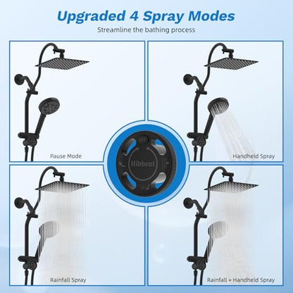 Hibbent High Pressue All Metal 10" Rainfall Shower Head, Handheld 10-Spray | cUPC Certified Matte Black Dual Showerhead Combo, 4-way Diverter with Pause Mode, Brass Extension Arm, 71'' Hose & Holder - color: Matte Black, style: Square 10"