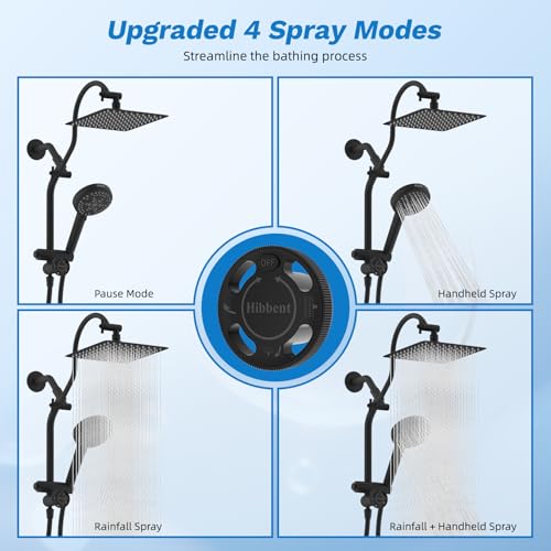 Hibbent High Pressue All Metal 10" Rainfall Shower Head, Handheld 10-Spray | cUPC Certified Matte Black Dual Showerhead Combo, 4-way Diverter with Pause Mode, Brass Extension Arm, 71'' Hose & Holder - color: Matte Black, style: Square 10"