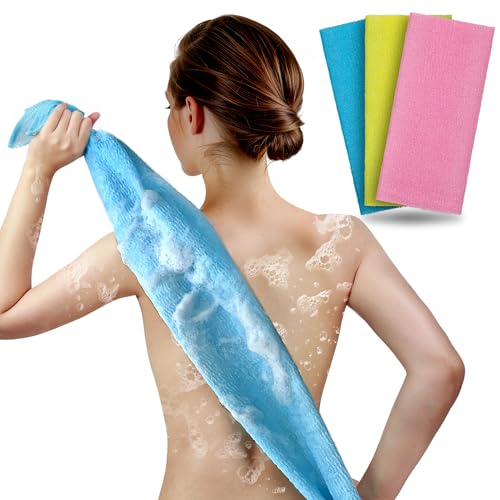 ARCH&M Exfoliating Washcloth & Shower Body Scrubber, 3 Pack | Japanese Washcloth, Korean Back Scrubber Towel, All Skin Type Daily Use in Shower, Textured Nylon, Smoother Skin, Quick-Dry - style: Red Yellow Blue