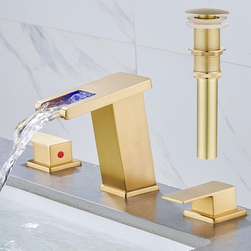 LED Bathroom Faucet 3 Hole, Brushed Gold Waterfall Bathroom Faucets, 8 Inch Widespread Modern Bathroom Sink Faucet, Wide Spread Touch On Three Hole 2 Handle Bathroom Vanity Faucet - color: Brushed Gold