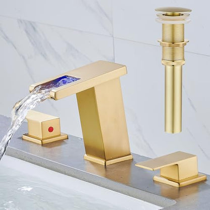 LED Bathroom Faucet 3 Hole, Brushed Gold Waterfall Bathroom Faucets, 8 Inch Widespread Modern Bathroom Sink Faucet, Wide Spread Touch On Three Hole 2 Handle Bathroom Vanity Faucet - color: Brushed Gold