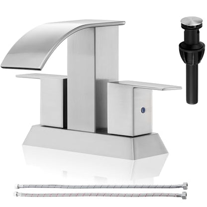 Brushed Nickel Waterfall Bathroom Faucet - 4Inch 2 or 3 Holes Centerset Faucet Bathroom | Two Handles RV Lavatory Basin Vanity Sink Faucets with Overflow Pop-up Drain Assembly & Supply Lines - color: B-Brushed Nickel 4In