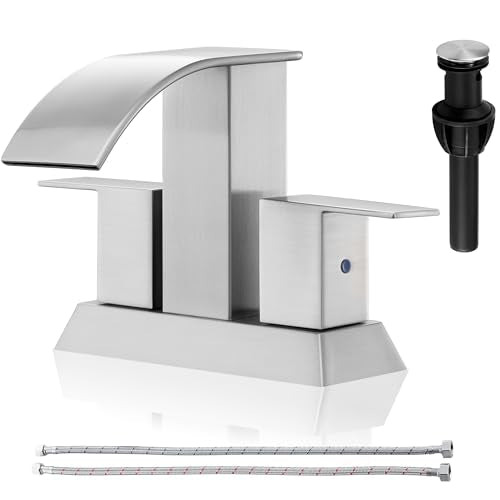 Brushed Nickel Waterfall Bathroom Faucet - 4Inch 2 or 3 Holes Centerset Faucet Bathroom | Two Handles RV Lavatory Basin Vanity Sink Faucets with Overflow Pop-up Drain Assembly & Supply Lines - color: B-Brushed Nickel 4In