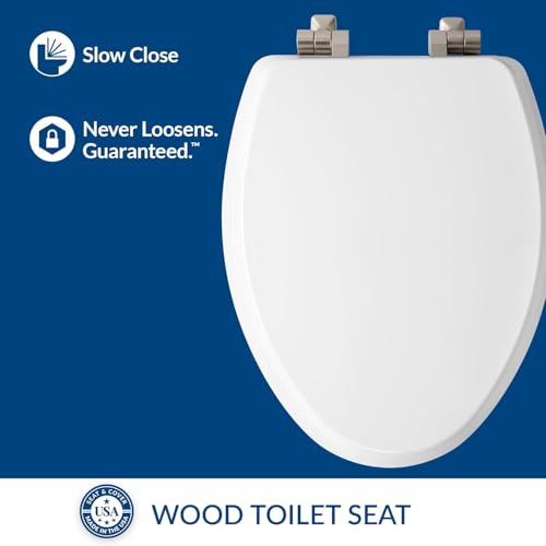 Mayfair Bennett Toilet Seat with Brushed Nickel Hinges, Slow Close Wood Seat, Secure Metal Hinges, Easy Install, Elongated, White - color: Brushed Nickel, size: Elongated