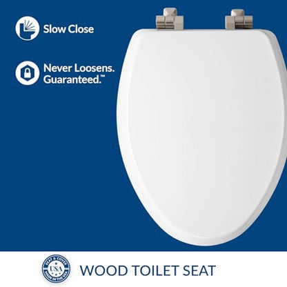 Mayfair Bennett Toilet Seat with Brushed Nickel Hinges, Slow Close Wood Seat, Secure Metal Hinges, Easy Install, Elongated, White - color: Brushed Nickel, size: Elongated