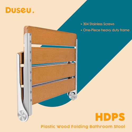 Foldable Shower Chair, 16" Folding Shower Seat Wall Mounted, Brown | Safety Furniture Stainless Steel for Elderly, Fold Down Shower Bench for Inside Shower, Pregnants-Maximum Load 400lb