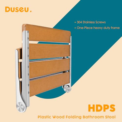 Foldable Shower Chair, 16" Folding Shower Seat Wall Mounted, Brown | Safety Furniture Stainless Steel for Elderly, Fold Down Shower Bench for Inside Shower, Pregnants-Maximum Load 400lb