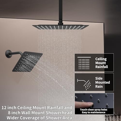 4 Way Thermostatic Shower System Black Shower Faucet Set with 4 Body Jet, Handheld Spray, 12 inch + 8 inch Shower Head - color: Black, size: 12+8" Ceiling Shower