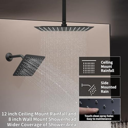 4 Way Thermostatic Shower System Black Shower Faucet Set with 4 Body Jet, Handheld Spray, 12 inch + 8 inch Shower Head - color: Black, size: 12+8" Ceiling Shower