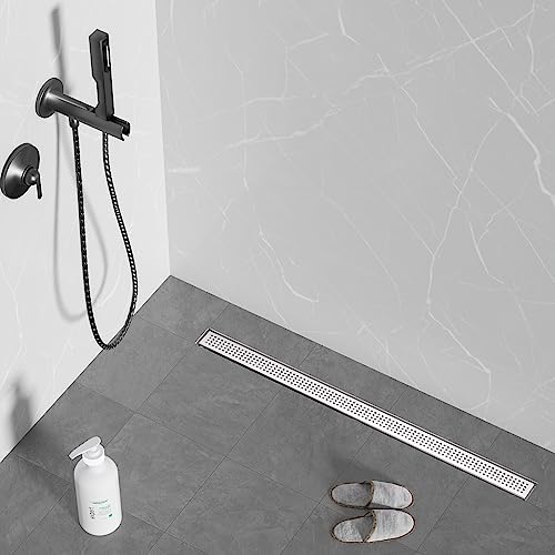 24 inch Linear Shower Drain with Square Hole Pattern Grate Cover | Brushed 304 Stainless Steel Bonding Flange Linear Drain, Low Profile Linear Shower Drain with Hair Strainer - color: 24 in, size: Quadrato Pattern