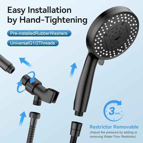 VOXON Shower Head 10 Functions, High Pressure Handheld Shower Head, Built-in 2 Power Wash Mode to Clean Corner, Non-Clogging Nozzles, Leakproof Stainless Steel Hose&Metal Bracket, Black - color: Black