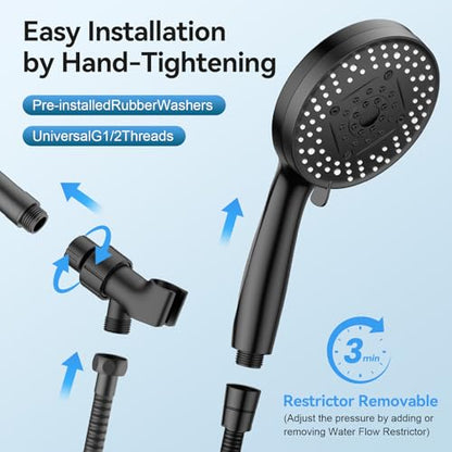 VOXON Shower Head 10 Functions, High Pressure Handheld Shower Head, Built-in 2 Power Wash Mode to Clean Corner, Non-Clogging Nozzles, Leakproof Stainless Steel Hose&Metal Bracket, Black - color: Black