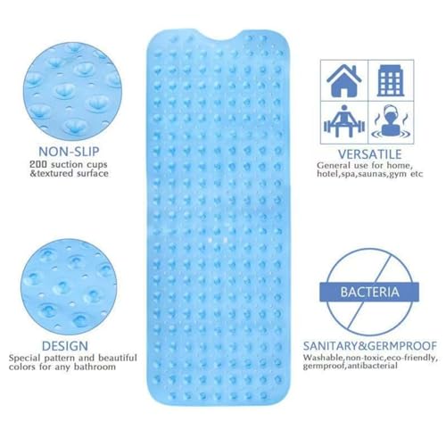 Long Bath Tub Mat, Non-Slip with 200 Suction Cups, Soft and Flexible, 15.75 x 39.37 Inch (Blue) - color: Blue