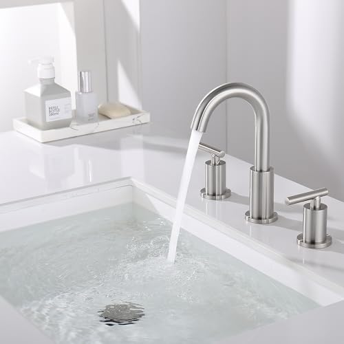 ChiLDano Widespread Bathroom Faucet 3 Hole with Sink Drain and Supply Hose | Brushed Nickel 3 Hole Faucet for Bathroom Sink, Satin Nickel 2 Handle 3 Pieces Bathroom Vanity Faucet - color: Brushed Nickel