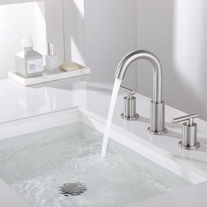 ChiLDano Widespread Bathroom Faucet 3 Hole with Sink Drain and Supply Hose | Brushed Nickel 3 Hole Faucet for Bathroom Sink, Satin Nickel 2 Handle 3 Pieces Bathroom Vanity Faucet - color: Brushed Nickel
