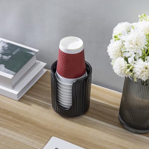Modern Fluted Matte Black Ceramic Coffee Cup Dispenser Holder – Stylish Disposable Paper Cup Dispenser for Kitchen, Coffee Bar, or Office Countertop