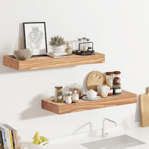 Solid Wood Floating Shelves, 17 Inch Wall Shelves, Set of 2, Oak | 8 Inch Deep, 1.6 Inch Thick, Extra-Wide Display Space, Mounting Hardware Included, For Kitchen, Bathroom and Living Room - color: Oak, size: 17x8x1.6