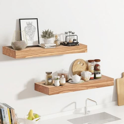 Solid Wood Floating Shelves, 17 Inch Wall Shelves, Set of 2, Oak | 8 Inch Deep, 1.6 Inch Thick, Extra-Wide Display Space, Mounting Hardware Included, For Kitchen, Bathroom and Living Room - color: Oak, size: 17x8x1.6