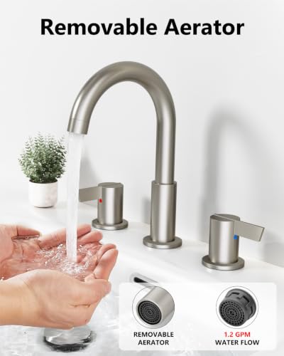 Brushed Nickel Bathroom Faucet 3 Hole, 8 Inch Widespread 2-Handle | SUS304 Stainless Steel, 2-Handle Control, Pop-Up Drain, Supply Lines and Mounting Hardware for 8-Inch Widespread Vanity Sinks - color: Brushed Nickel