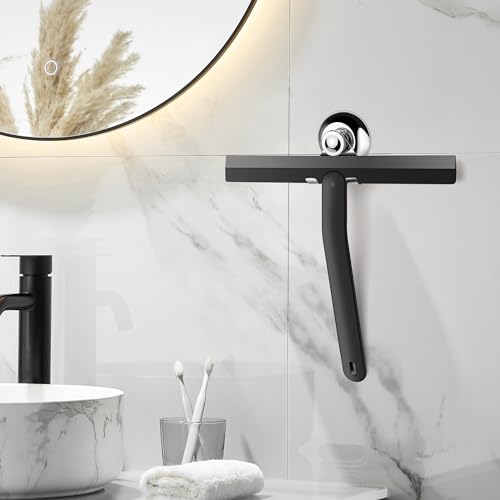 Shower Squeegee Black Set with Holder, 28 cm Wide Silicone Squeegee for Shower Screen Squeegee, Bathroom Window Squeegee with Stainless Steel Core, Suction Cup Holder for Bathroom Peel Off - size: 23cm