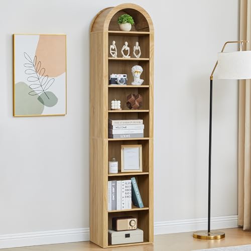 Tall Narrow Arched Bookshelf, 8-Tier Skinny Arch Bookcase for Small Space, Freestanding Storage Organizer with Adjustable Shelves, Open Display Shelves for Living Room, Entryway (Natural) - color: Natural, size: 11.8"D x 15.75"W x 71"H