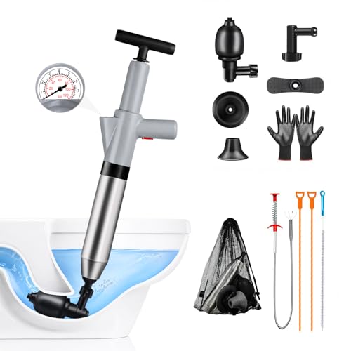 Fast Toilet Plunger High Pressure with Storage Bag, Heavy Duty Air Drain Blaster & Unclogger Tool, Clog Remover Kit & Toilet Snake Alternative for Bathroom, Toilets, Sinks, Tubs, Pipes (Gray) - size: Toilet plunger-Gray