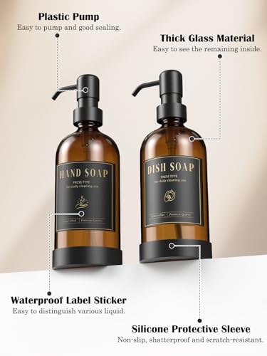 Luxspire 17 oz Glass Liquid Soap Dispenser Set, Amber + Dark Gray, 2 Pack | Anti-drip pump, wide mouth easy refill, non-slip silicone base, 7 waterproof labels, refillable glass for hand dish soap - color: Brown+gray