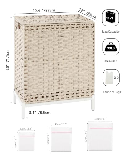 SETVSON Laundry Hamper with Lid, Wicker Laundry Basket, 112 L, Light Khaki | Handwoven PE Rattan, 2 Removable Liner Bags, Metal Heightened Feet, 6 Mesh Bags, Clothes Hamper for Bathroom Bedroom - color: Light Khaki, size: 112 L - 29.6 gal