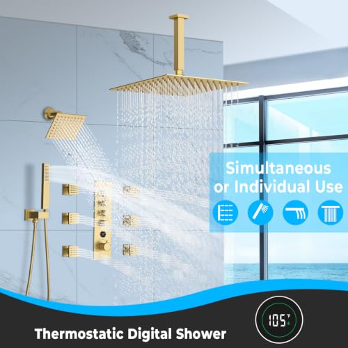 Full Body Dual Heads Rain Shower System with Jets Can Run Together | Brushed Gold 4-way Thermostatic Digital Shower Faucets Set, 12" Ceiling Shower + 6" Tilted Shower + 6 Body Sprays + Handheld - color: Brushed Gold, style: 12” + 6" + 6 Jets