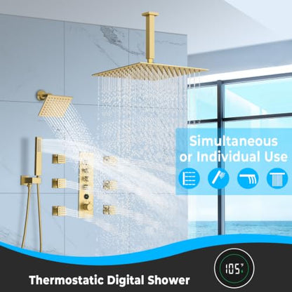 Full Body Dual Heads Rain Shower System with Jets Can Run Together | Brushed Gold 4-way Thermostatic Digital Shower Faucets Set, 12" Ceiling Shower + 6" Tilted Shower + 6 Body Sprays + Handheld - color: Brushed Gold, style: 12” + 6" + 6 Jets