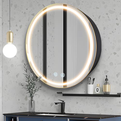 24inch Round Medicine Cabinet with Lights,Led Medicine Cabinet with Defogger,Illuminated Mirror Cabinet for Bathroom,Dimmable,Anti-Fog,3 Colors,Surface Mount Only,Black - color: Black, size: 24inch