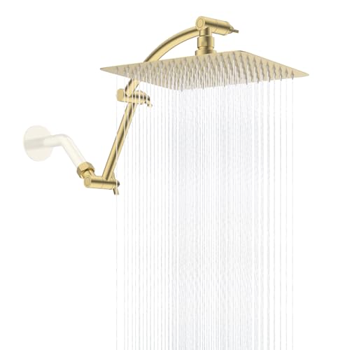 Hibbent All Metal 10'' Rain Shower Head, 16'' Extension Arm, Brushed Gold | cUPC Certified High Pressure Rainfall Showerhead with Solid Brass Adjustable Shower Head Extension Arm, Fixed Showerheads - color: Brushed Gold, style: Square 10''