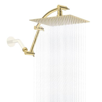 Hibbent All Metal 10'' Rain Shower Head, 16'' Extension Arm, Brushed Gold | cUPC Certified High Pressure Rainfall Showerhead with Solid Brass Adjustable Shower Head Extension Arm, Fixed Showerheads - color: Brushed Gold, style: Square 10''