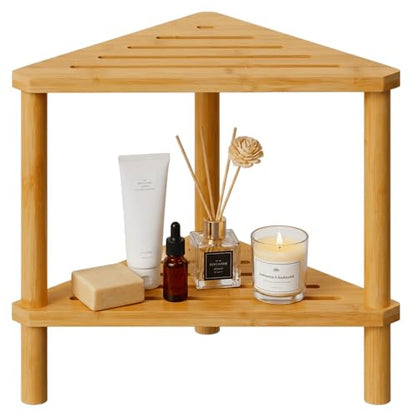 Corner Shower Stool, Shower Foot Rest For Shaving Legs, Bamboo Shower Bench | Double-Layer Waterproof And Stable Shower Stool With Storage Function, Suitable For Bathroom, Living Room, And Bedroom