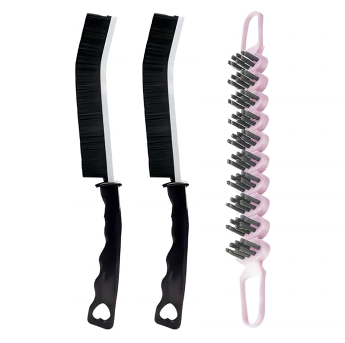 Crevice Cleaning Brush Set Grout Scrub Cleaning Tools 3 Pcs Black/Pink - color: Black&pink