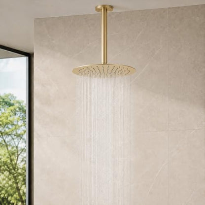 12 Inch Round Rainfall Shower Head, High Pressure Overhead Shower Heads, Wall Ceiling Mounted Ultra Thin Stainless Steel Shower Head, Brushed Gold - color: Brushed Gold, size: 12-Inches, style: Round