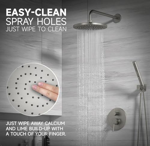 Lava Odoro Modern Rain Shower System Faucet Set, SF104-BN | 2-Setting Round Shower Valve Trim Kit, Brushed Nickel Shower Head Set with Sprayer, 10 Inch, Rough-in Valve Included - color: Brushed Nickel, style: Without Tub Spout