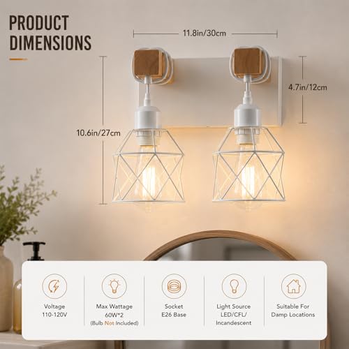 Farmhouse Vanity Light Fixture,2-Light Bathroom Lighting,White Modern Wood Wall Light Over Mirror with Metal Shade - color: White, size: 2-Light-Wide 12"