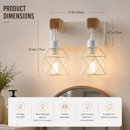 Farmhouse Vanity Light Fixture,2-Light Bathroom Lighting,White Modern Wood Wall Light Over Mirror with Metal Shade - color: White, size: 2-Light-Wide 12"