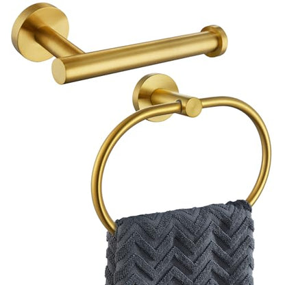 Brushed Gold Bathroom Hardware Set, 2 Pieces, 304 Stainless Steel | Rustproof for Bathroom Restroom Sink, 180° swivel towel ring, Toilet Paper Holder Fits Most Roll Size, Drilling Wall Mounted - color: Brushed Gold Oval Shape