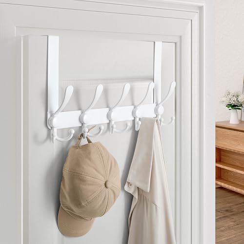 Over Door Hook 2.0 - Upgraded Version - Simple-Assembly, Strong, Heavy-Duty Stainless Steel 5-Tri-Hook Over The Door Hanger Rack, SimpleStrong Series, White, Pack of 2 - color: White