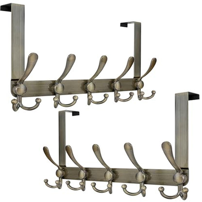 Over Door Hook 2.0 - Upgraded Version - Simple-Assembly, Strong, Heavy-Duty Stainless Steel 5-Tri-Hook Over The Door Hanger Rack, SimpleStrong Series, Bronze, Pack of 2 - color: Bronze